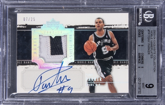 2003-04 UD "Exquisite Collection" Noble Nameplates #TP Tony Parker Signed Game Used Patch Card (#07/25) – BGS MINT 9/BGS 8
